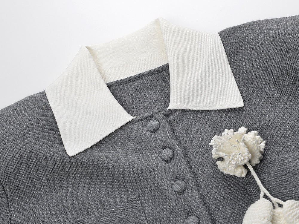 Hlio Chic Grey Knit Sweater Mini Dress with Peter Pan Collar