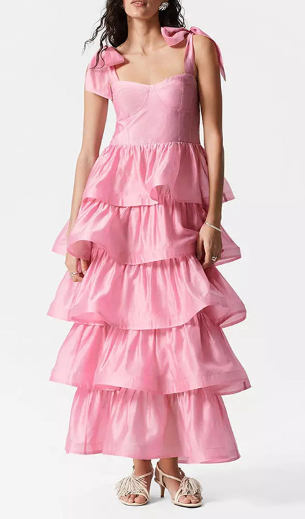 Edina Pink Sweetheart Tiered Ruffle Maxi Dress with Bow Straps