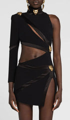 Fierce Panther Head Cut-Out Asymmetric Bandage Mini Dress