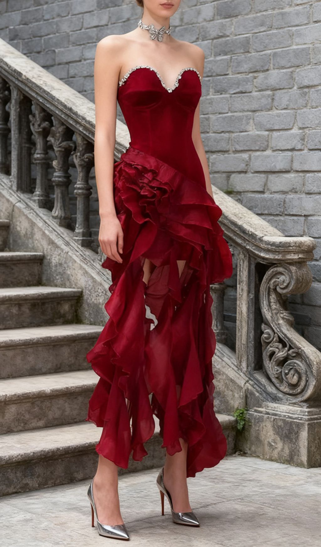 Hova Ruby Red Strapless Ruffle Maxi Gown