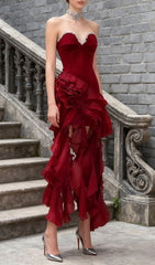 Hova Ruby Red Strapless Ruffle Maxi Gown