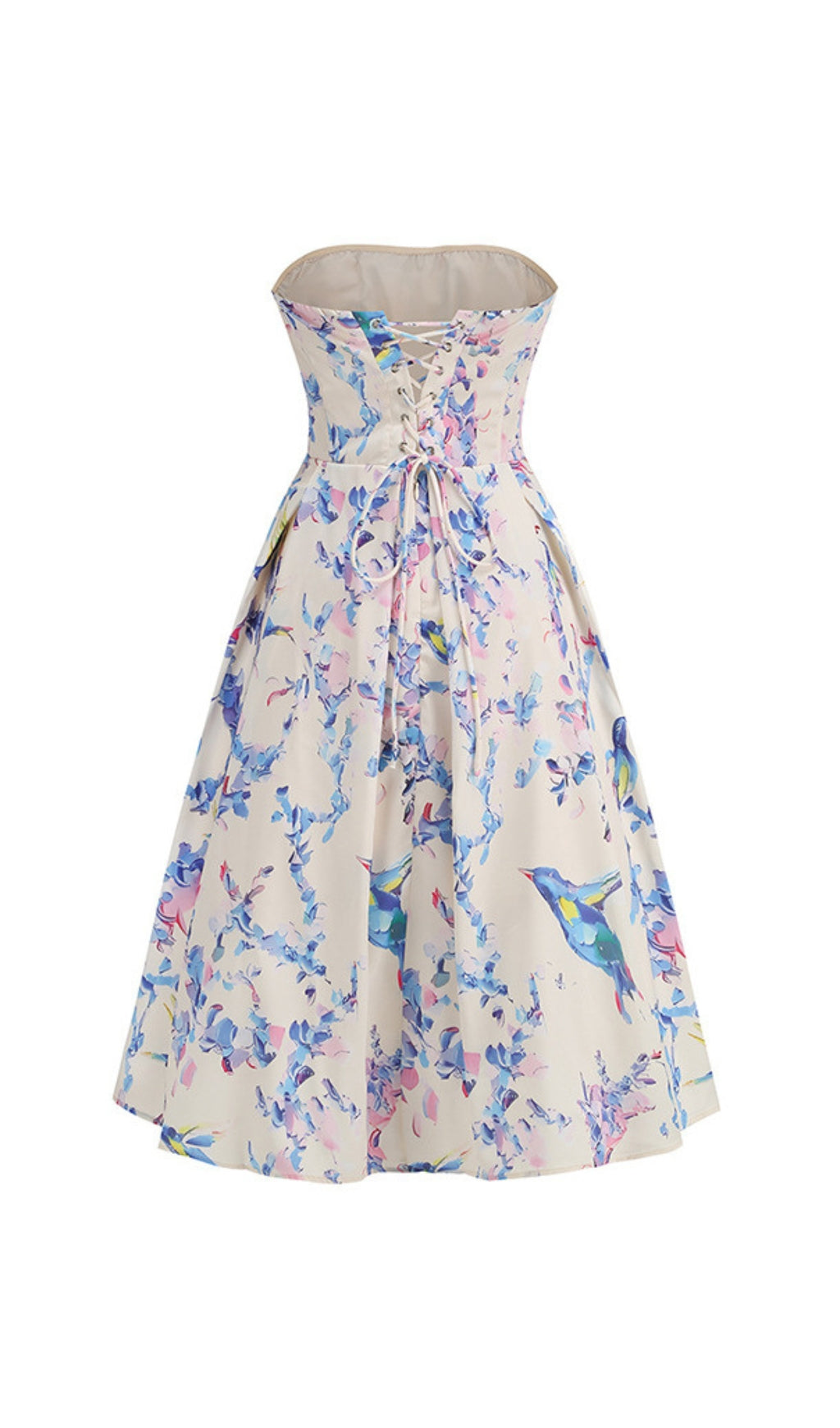 Elegant Hummingbird Floral Strapless A-Line Midi Dress