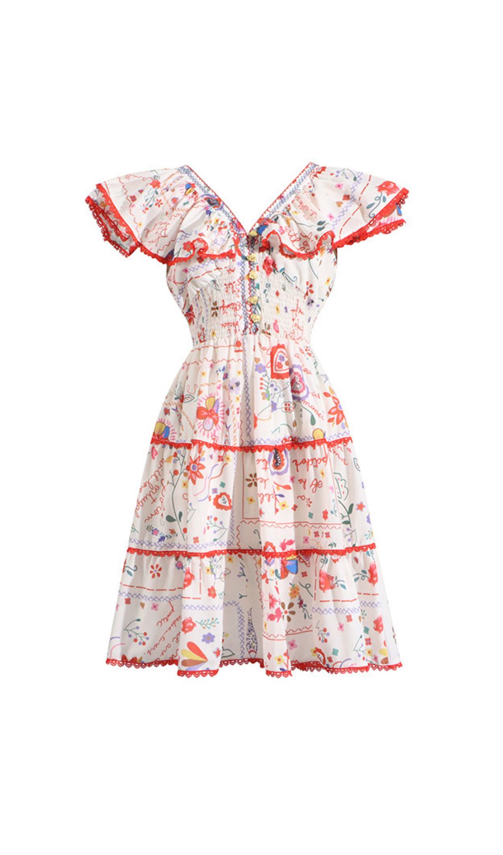 Gelsey Bohemian Script & Floral Print V-Neck Tiered Mini Dress