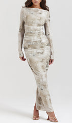 Chic Ruched Long Sleeve Printed Midi Dress