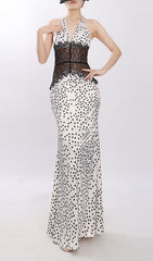 Jezziel Chic Polka Dot & Lace Halter Maxi Dress