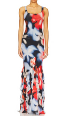 Gracia Vibrant Abstract Floral Maxi Dress with Tiered Ruffles