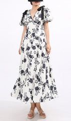 Filip Chic Black & White Floral V-Neck Midi Dress with Puff Sleeves