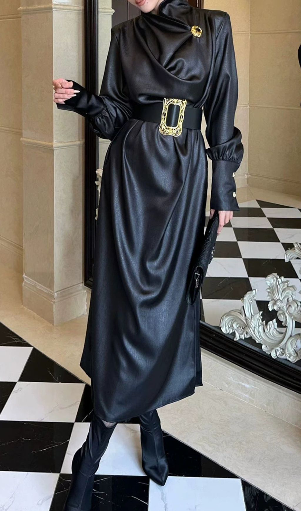 Imad Black Elegant Long Sleeve Belted Maxi Dress