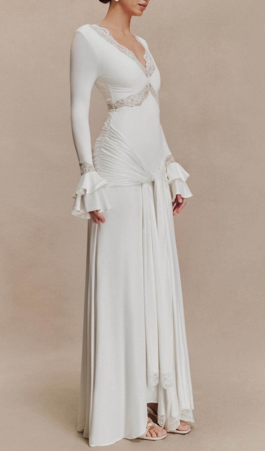 Akeelah Graceful Lace-Trimmed Flare Sleeve Maxi Dress