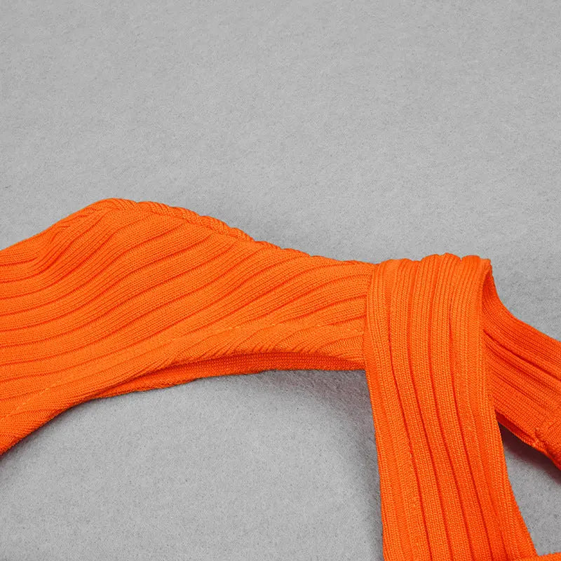 Statement Orange Ribbed Cross-Front Backless Maxi Dress