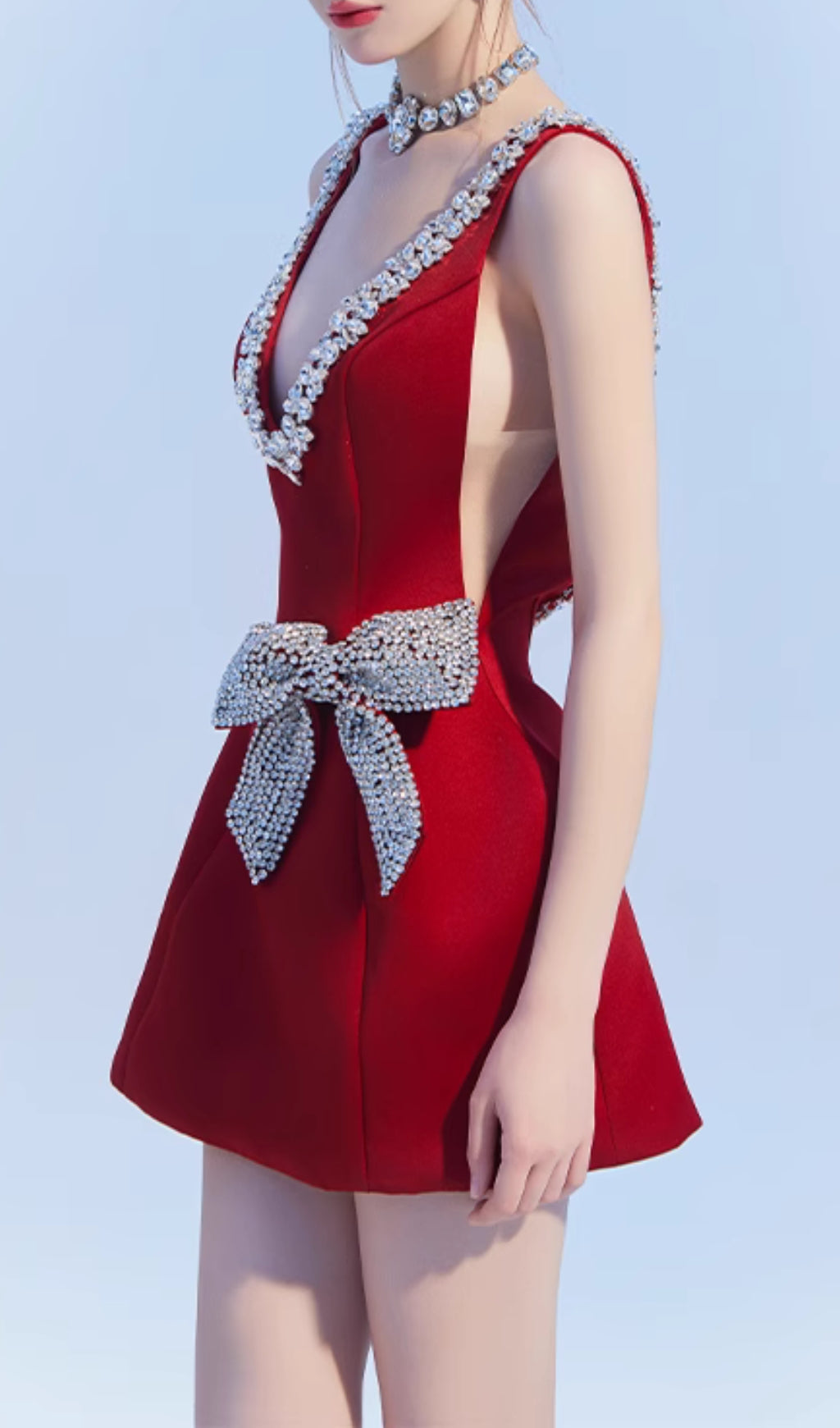 Dazzling Eilis Red Sparkle Mini Dress with Diamond V-Neck & Bow