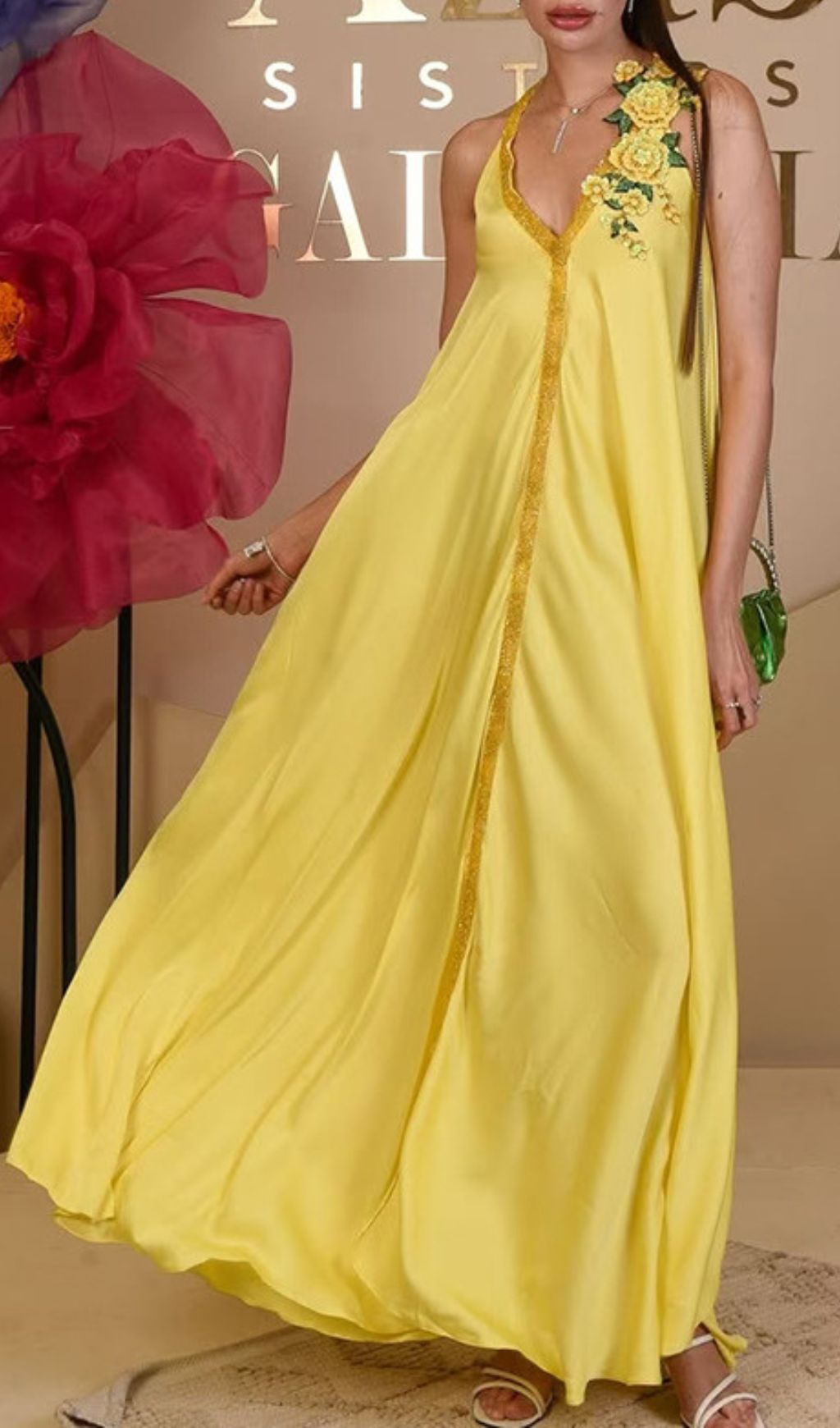 Inge Radiant Yellow Halter Maxi Dress with 3D Floral Appliques