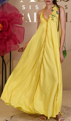 Inge Radiant Yellow Halter Maxi Dress with 3D Floral Appliques