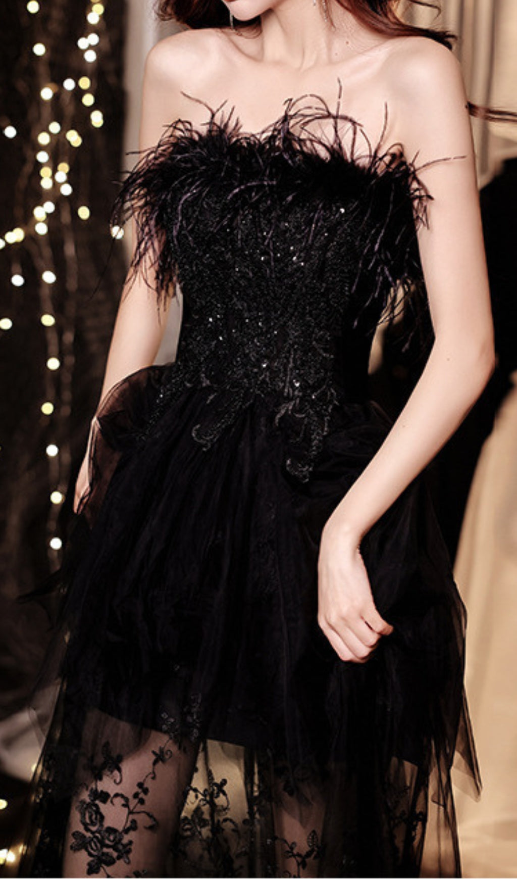 Chiyemi Luxe Black Feather & Sequin Strapless Mesh Maxi Dress