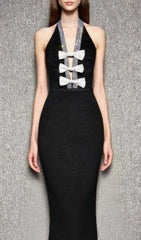 Hoffman Black Halter Bandage Maxi Dress with Sparkle Bow Detail