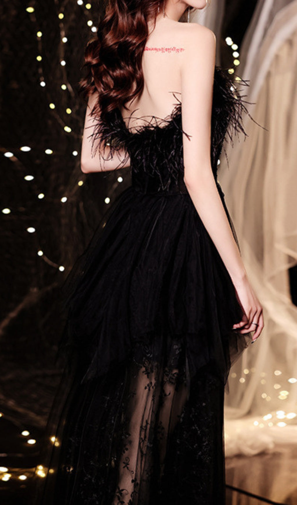 Chiyemi Luxe Black Feather & Sequin Strapless Mesh Maxi Dress