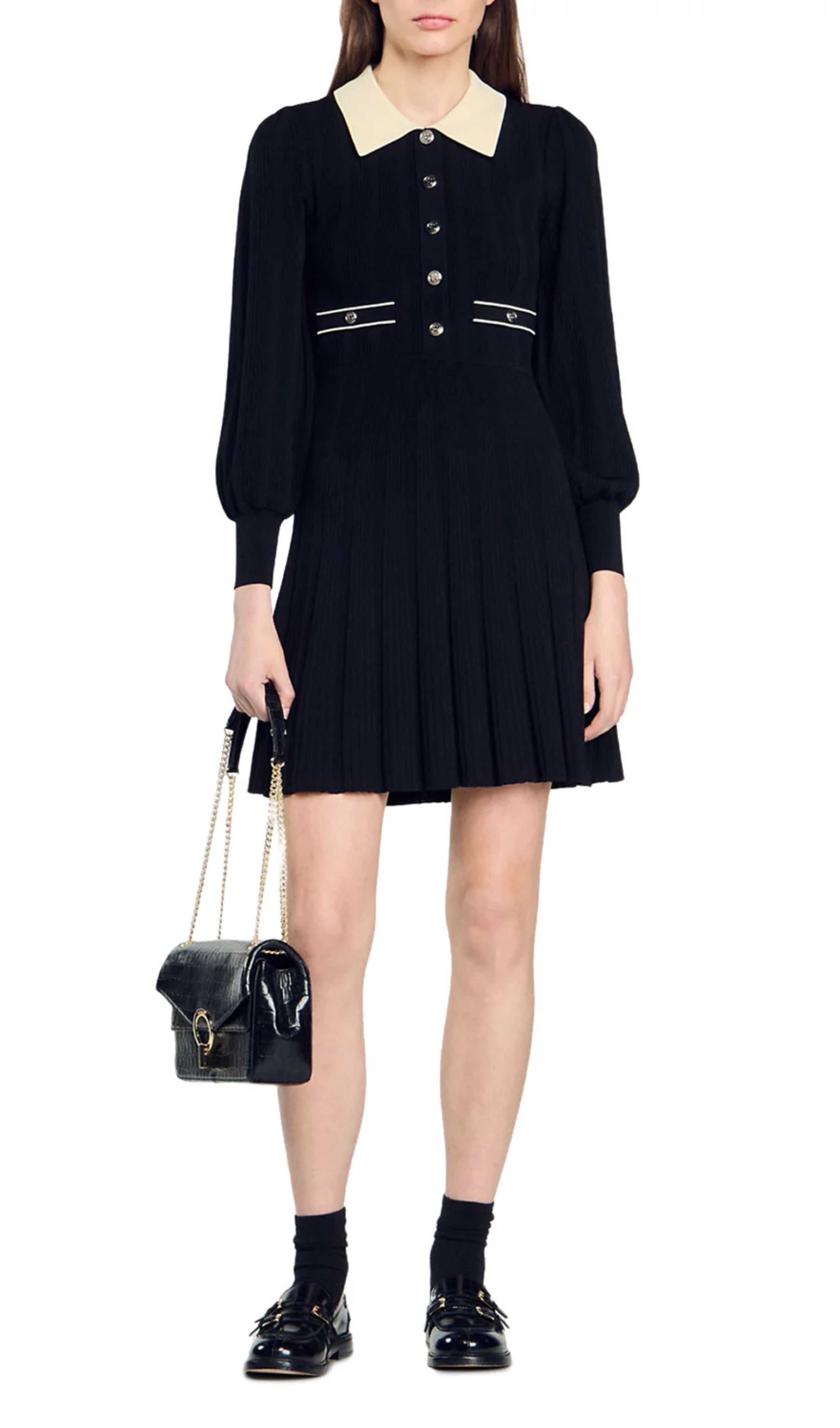 Lison Chic Black Knit Mini Dress with Contrast Collar & Pleated Skirt