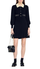 Lison Chic Black Knit Mini Dress with Contrast Collar & Pleated Skirt