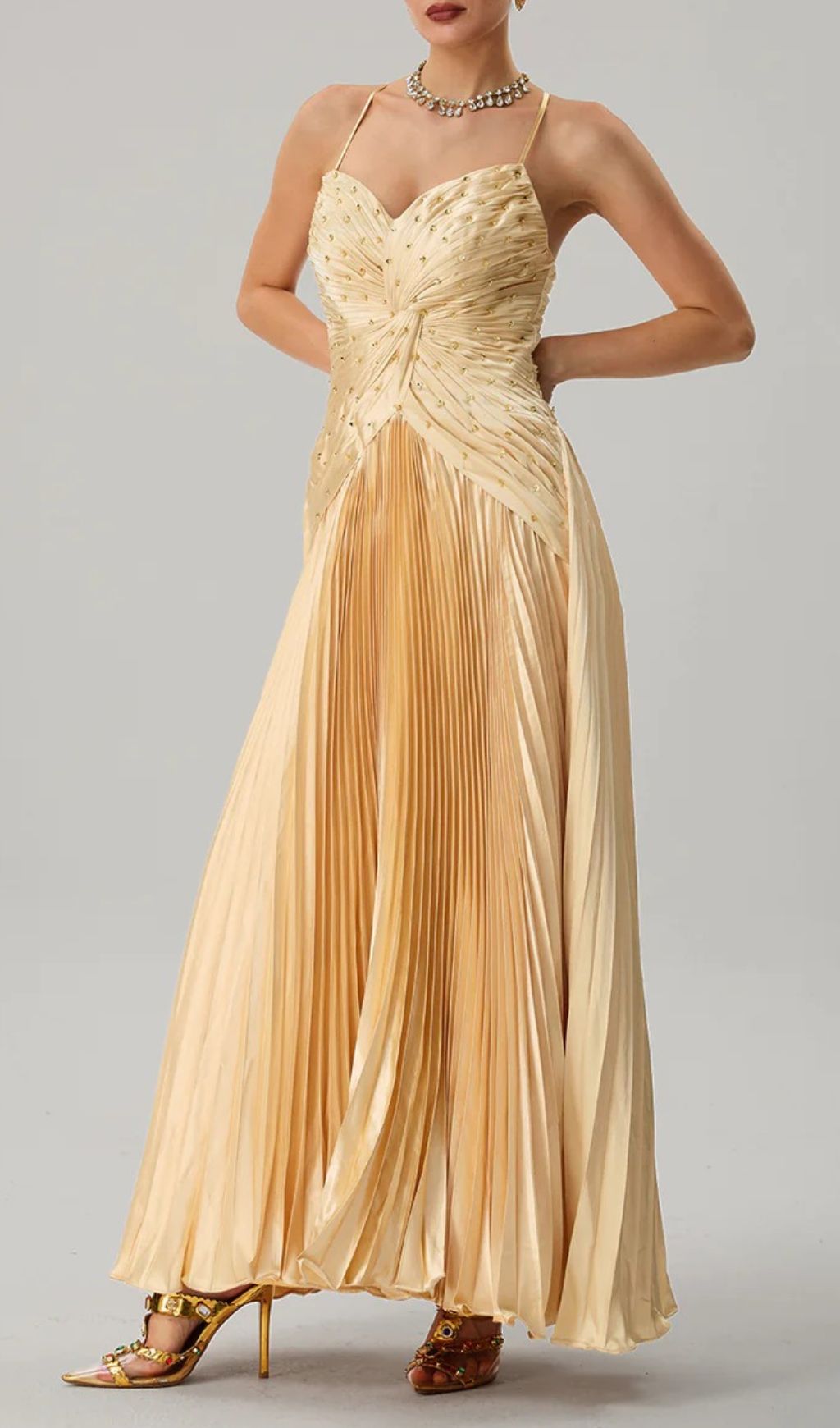 Jagtopo Elegant Champagne Gold Twisted Bodice Pleated Maxi Evening Gown