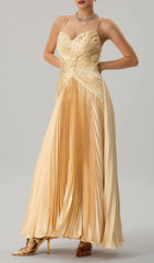 Jagtopo Elegant Champagne Gold Twisted Bodice Pleated Maxi Evening Gown