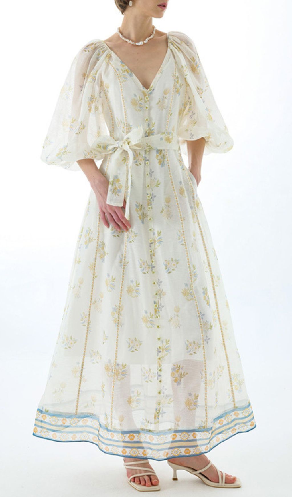 Jacobo Floral Puff Sleeve V-Neck Maxi Dress