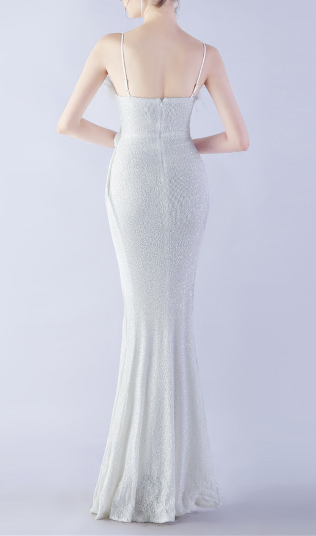Glamorous White Sequin Feather High Slit Maxi Gown