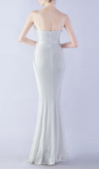 Glamorous White Sequin Feather High Slit Maxi Gown