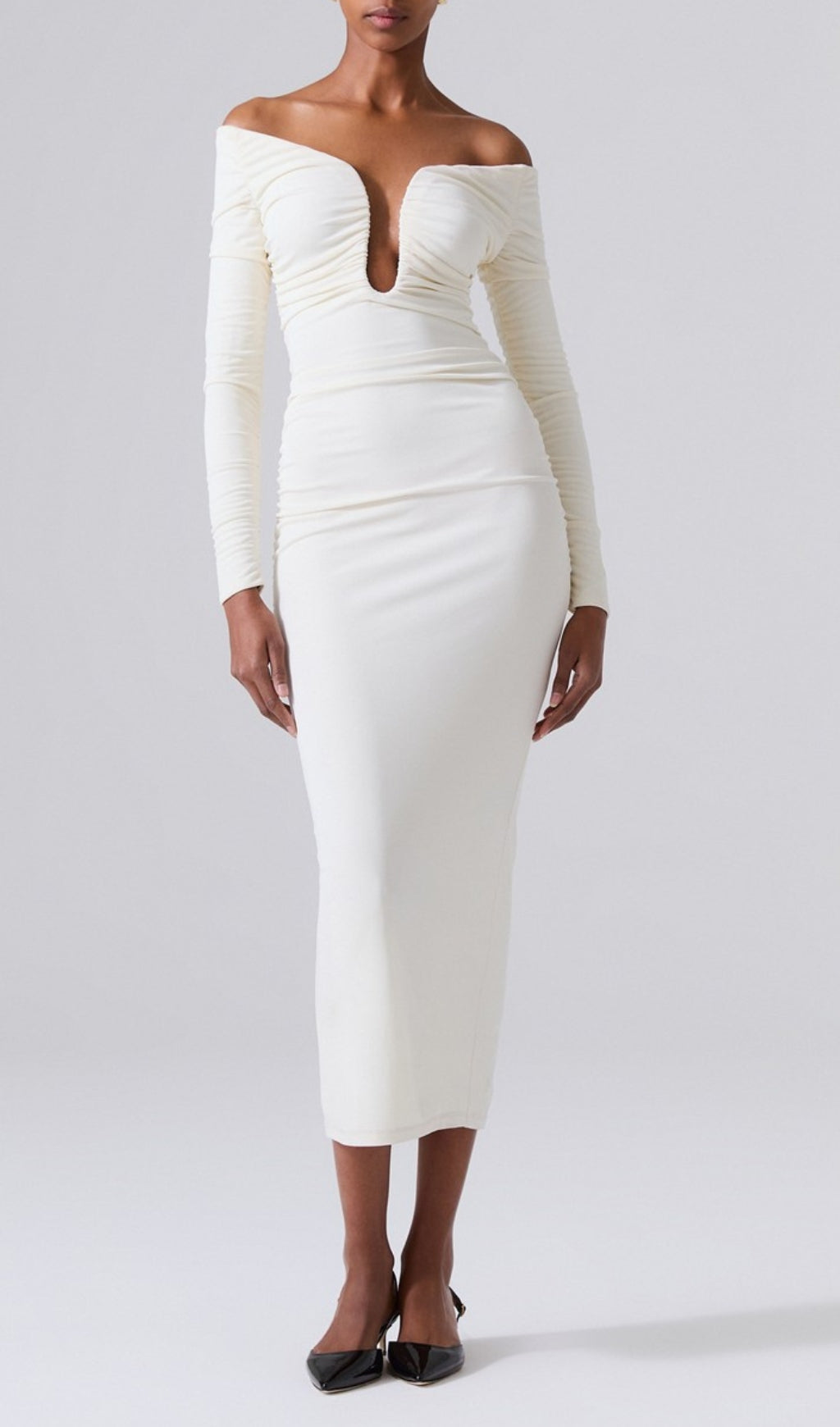 Coryn White Off-Shoulder Plunge Neck Ruched Bodycon Midi Dress