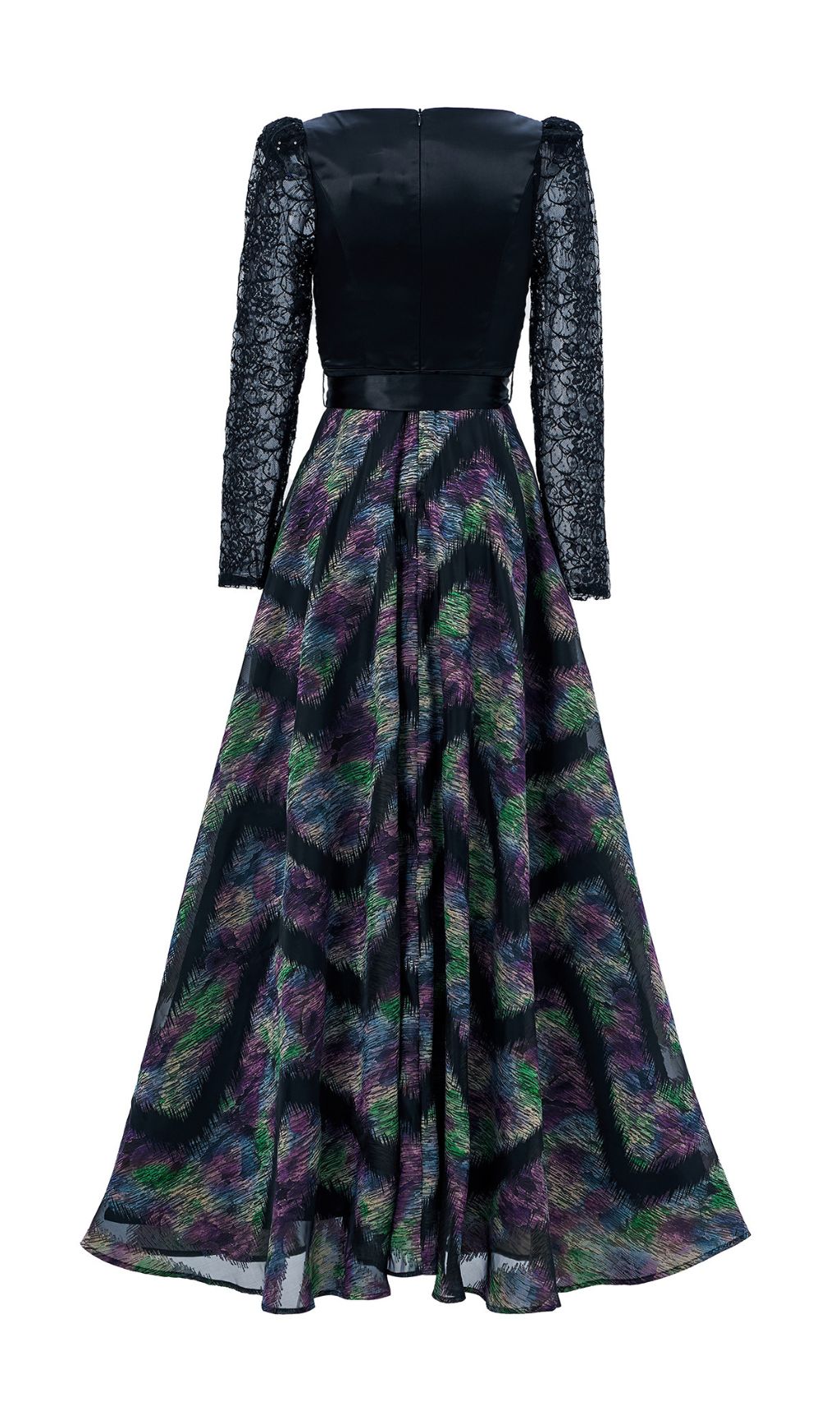 Elegant Ruched Bodice Maxi Dress with Lace Sleeves & Vibrant Abstract Skirt