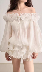 Honore Ethereal White Off-Shoulder Ruffle Mini Dress with Puff Sleeves