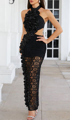 Glamorous Black Halterneck Ruffled Cutout Lace Maxi Dress