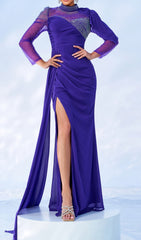 Caressa Dazzling Purple Embellished Long Sleeve Maxi Gown with High Slit
