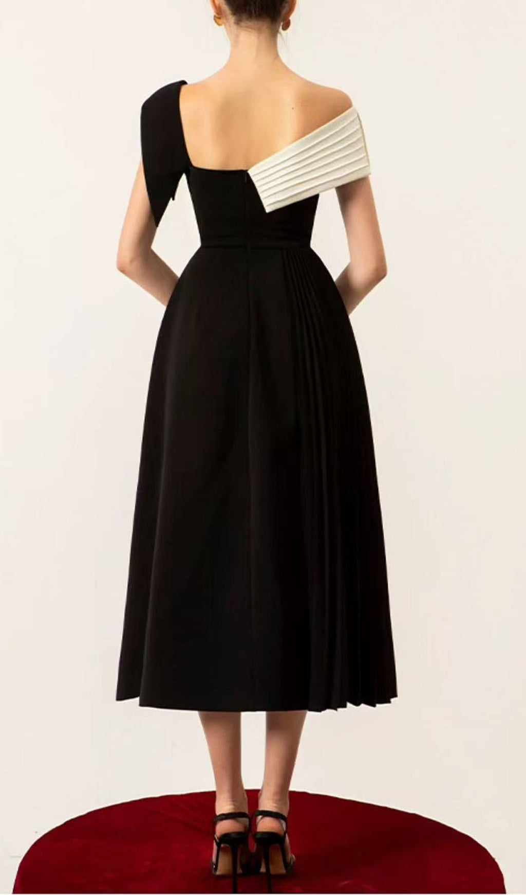 Damia Black Asymmetric Skew Collar Midi Dress