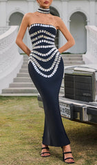 Vaelith Crystal Cascade Strapless Maxi Dress with Choker