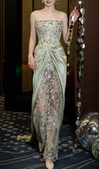 Ellianna Luxe Sage Green Floral Embroidered Strapless Maxi Dress