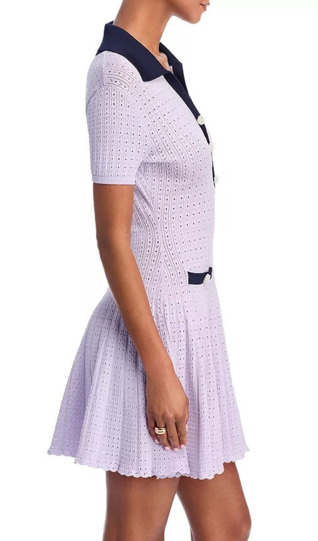 Chic Lilac Pointelle Knit Mini Polo Dress with Pearl Buttons