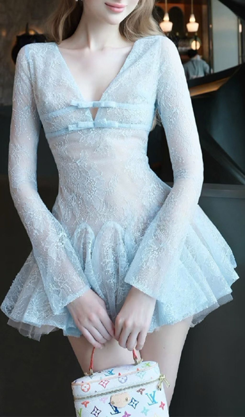 Itsuki Ethereal Blue Lace Long Sleeve Mini Dress