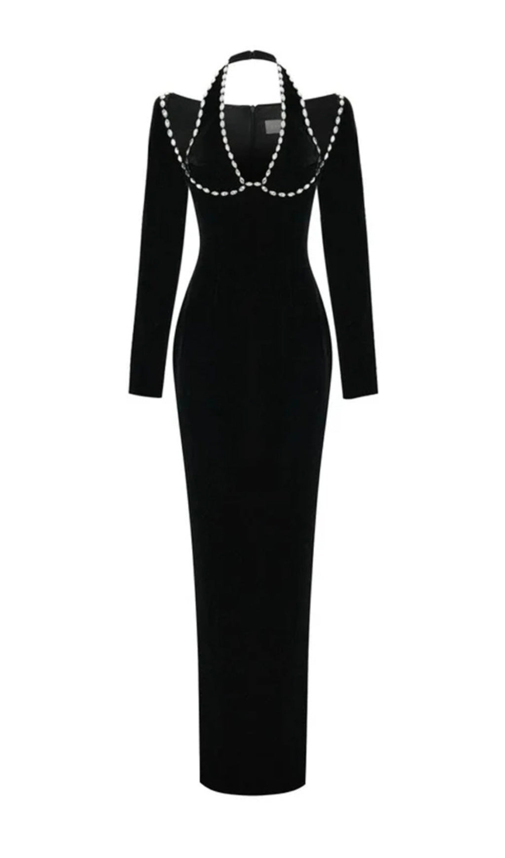 Brienda Black Crystal Embellished Long Sleeve Maxi Dress