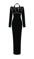 Brienda Black Crystal Embellished Long Sleeve Maxi Dress