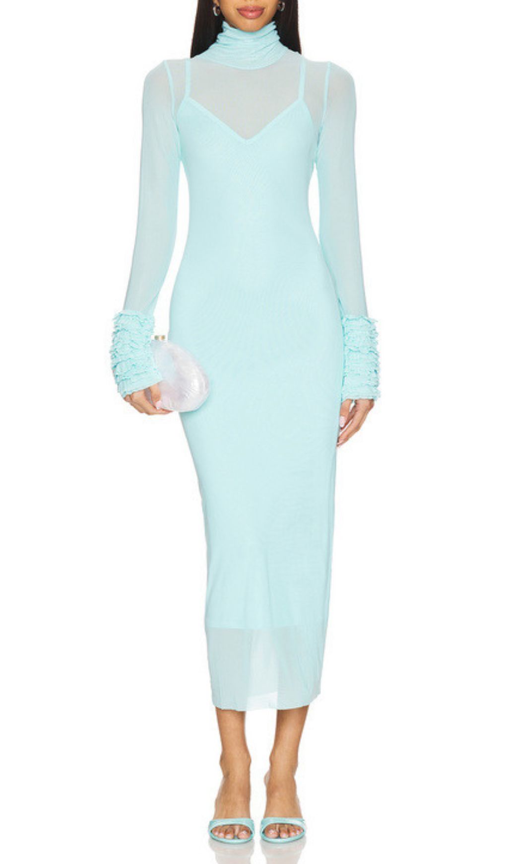 Fabunni Ethereal Aqua Blue Sheer Mesh Midi Dress
