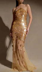 Radiant Gold Sequin Halter Maxi Dress