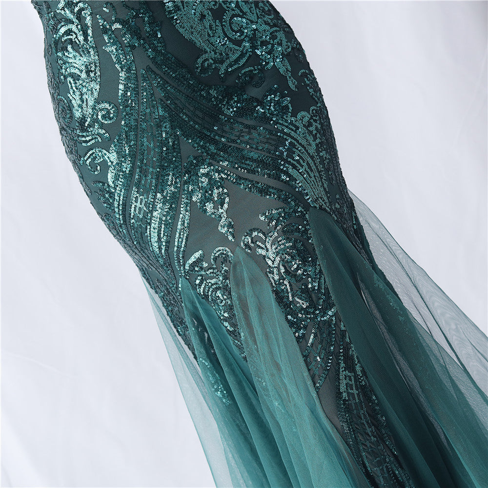 Choire Emerald Green Sequin Feather Mermaid Maxi Gown