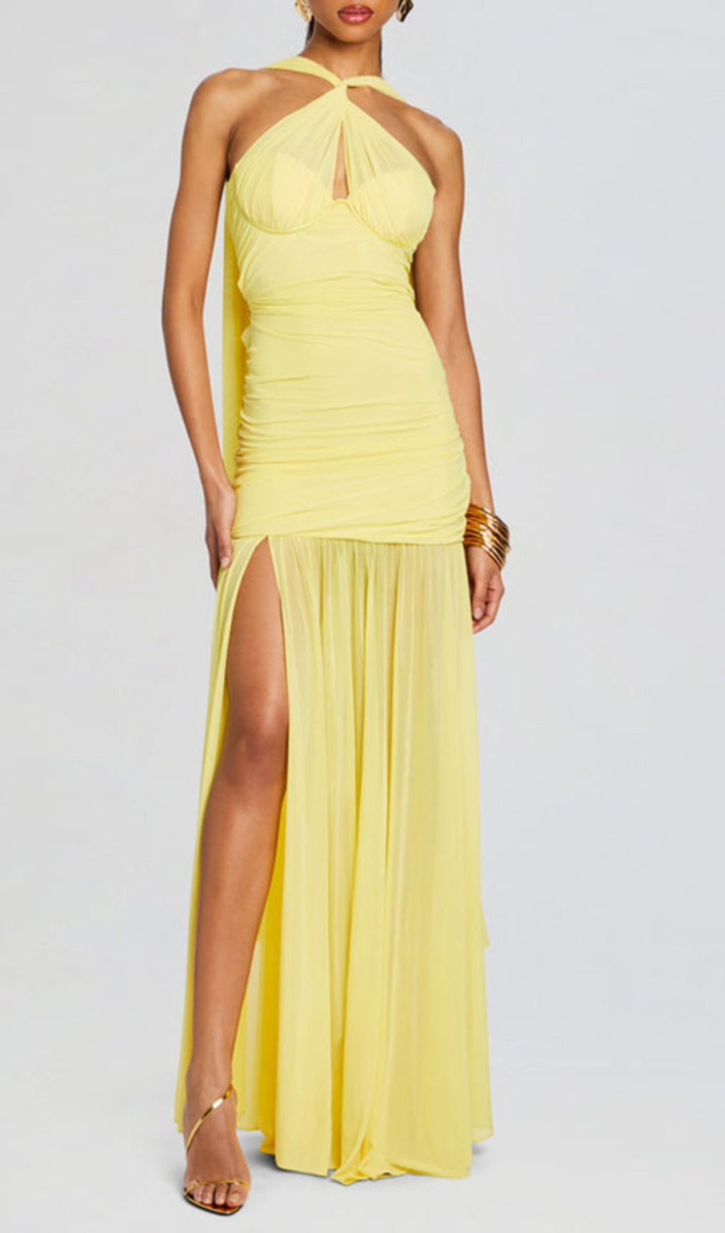 Radiant Bryony Yellow Halter Ruched Maxi Dress with High Slit