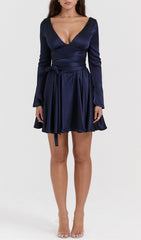 Alluring Navy Satin Deep V-Neck Mini Dress