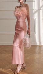 Ellette Glamorous Peach Feather Bustier Maxi Gown