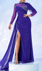 Caressa Dazzling Purple Embellished Long Sleeve Maxi Gown with High Slit