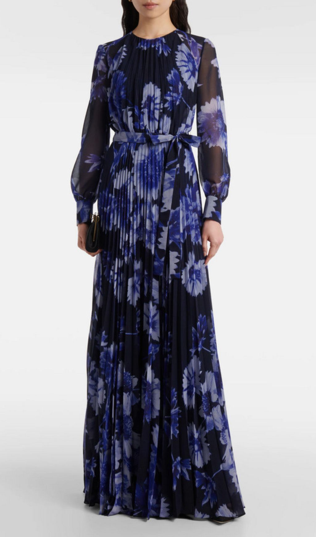 Hina Serene Blue Floral Pleated Long Sleeve Maxi Dress
