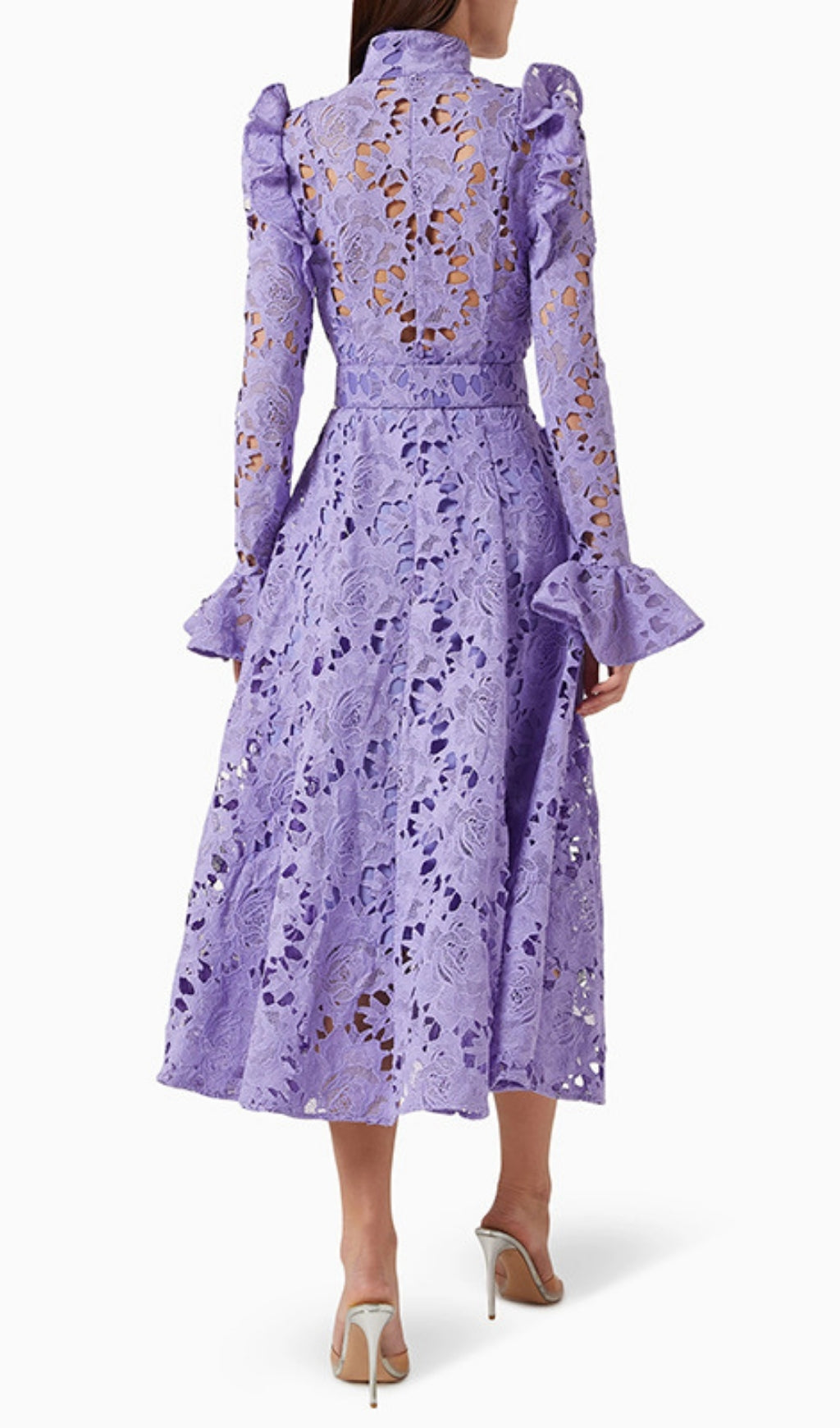 Elea Chic Lavender Embroidered Long Sleeve Midi Dress with Belt