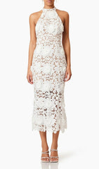 Etsu Elegant White Halter Midi Dress with 3D Floral Appliques