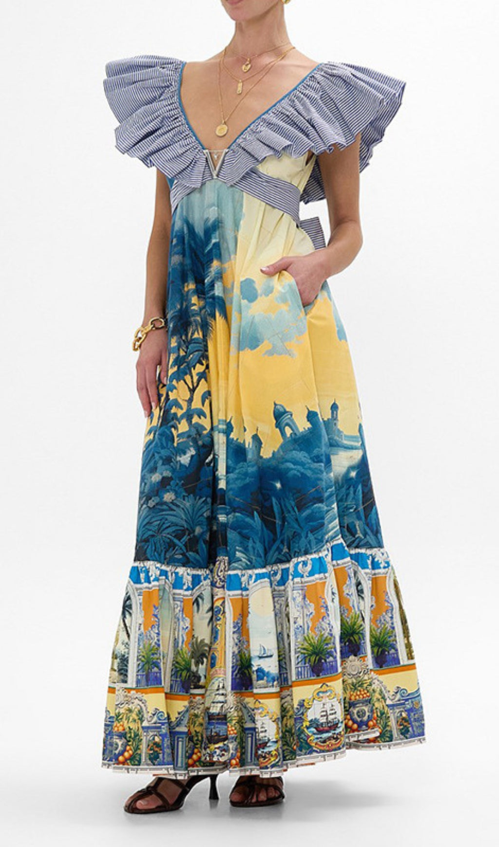 Deryn Tropical Oasis Ruffle V-Neck Maxi Dress